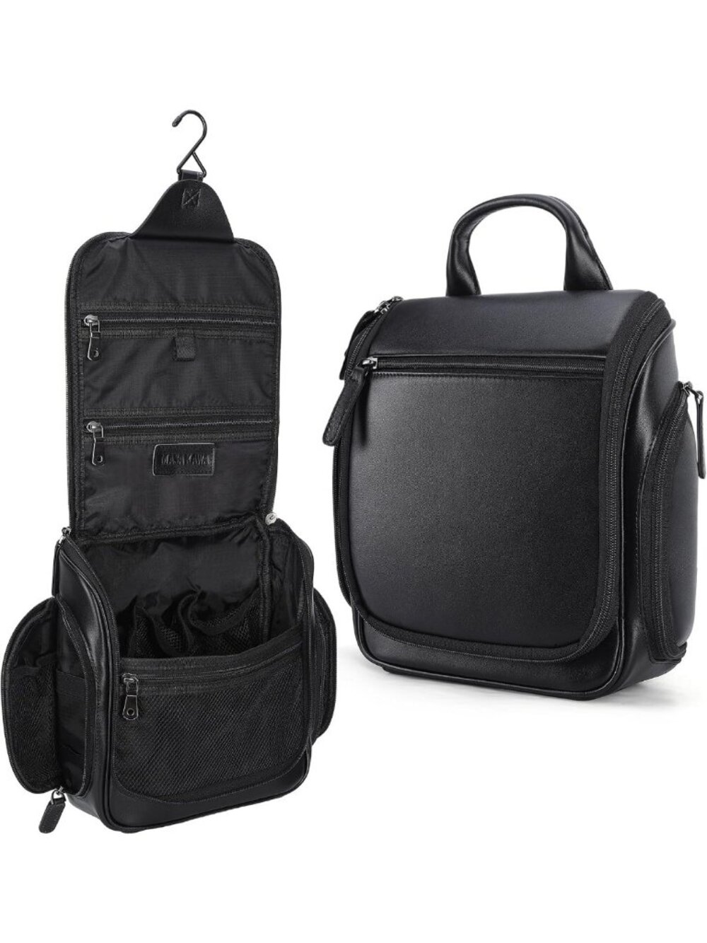 Large Portable Leather Travel Toiletry Bag for Men - Hanging Organizer, Black